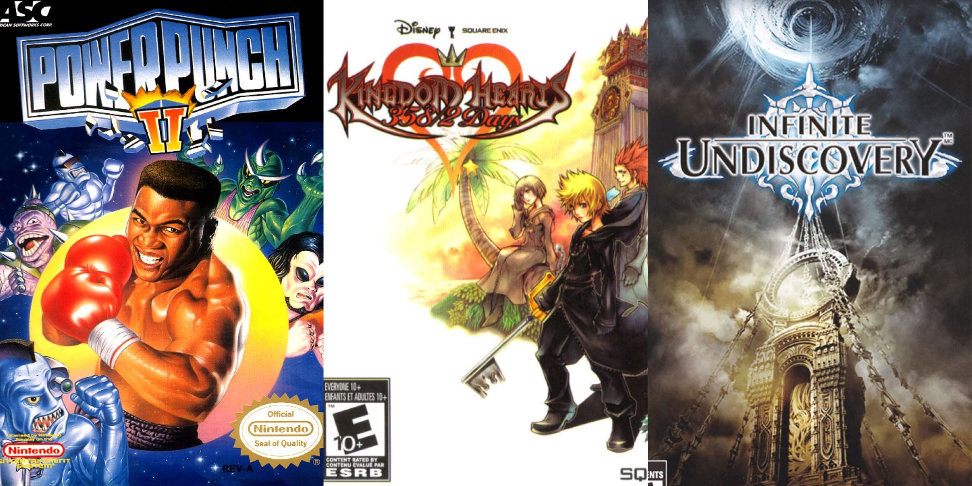 Left- Power Punch II Box Cover, Center- Kingdom Hearts 358/2 Days Box Cover, Right - Infinite Undiscovery Box cover