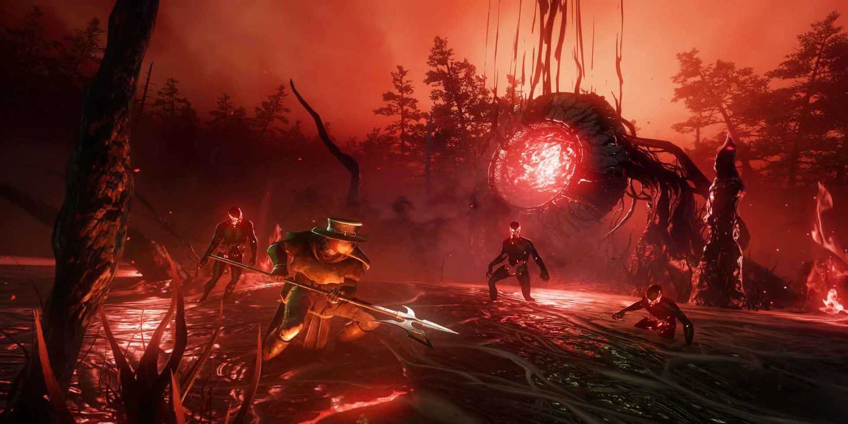 Corrupted player fighting monsters New World Aeternum