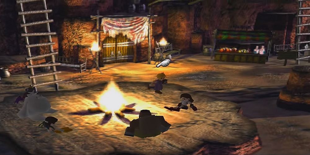 Cloud and his party relaxing around a fire at Cosmo Canyon in Final Fantasy 7