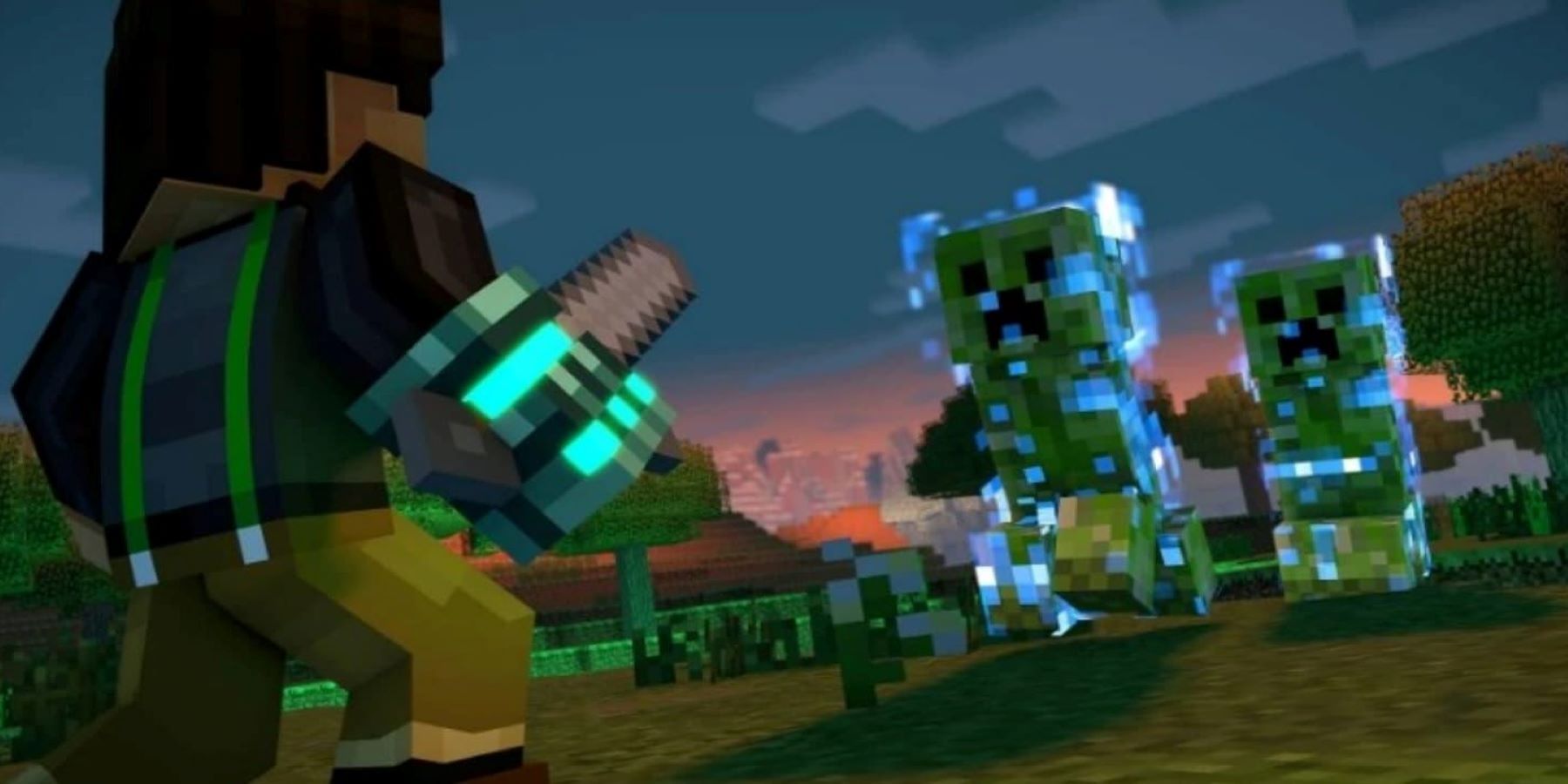 Два заряженных крипера бегут по персонажу Minecraft Story Mode