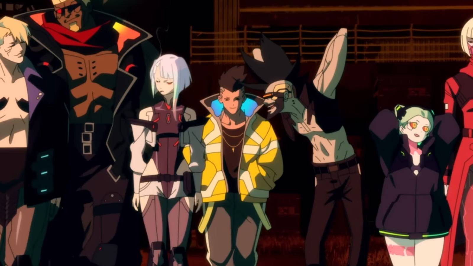 Cyberpunk Edgerunners Cast including David, Lucy, Dorio, Maine, Pilar, Rebecca, and Kiwi