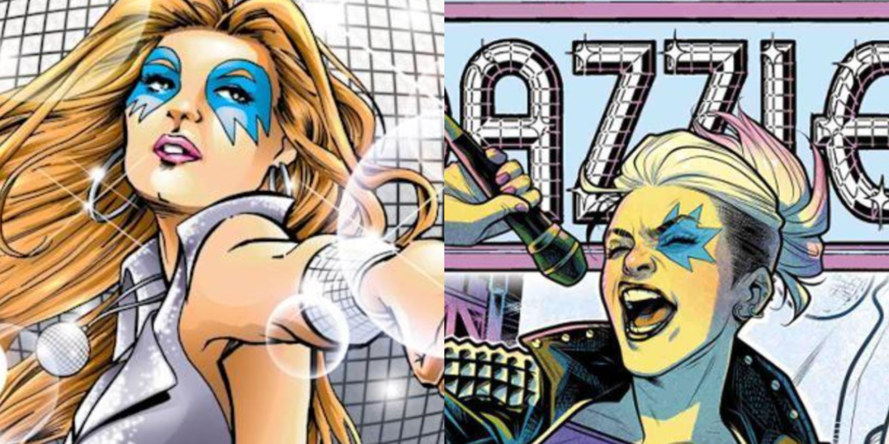 A split image features two versions of Dazzler in Marvel comics