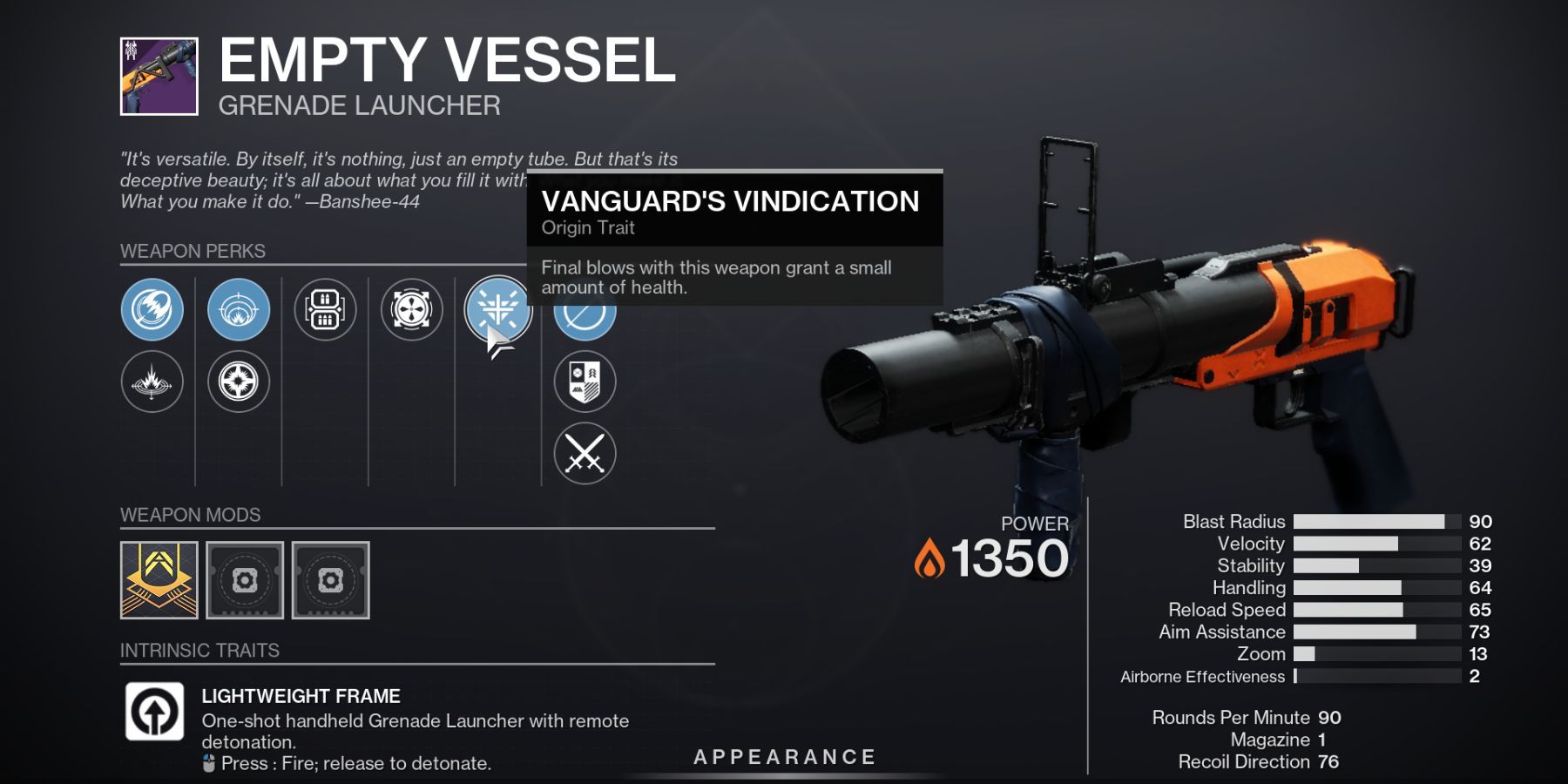 Destiny 2 Empty Vessel Grenade Launcher