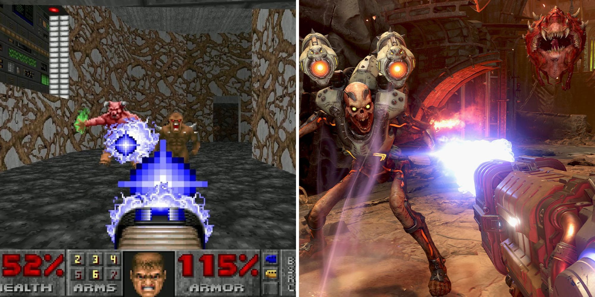 First image shows the original Doom game with Doomguy attacking enemies, second image shows the same but it is Doom Eternal