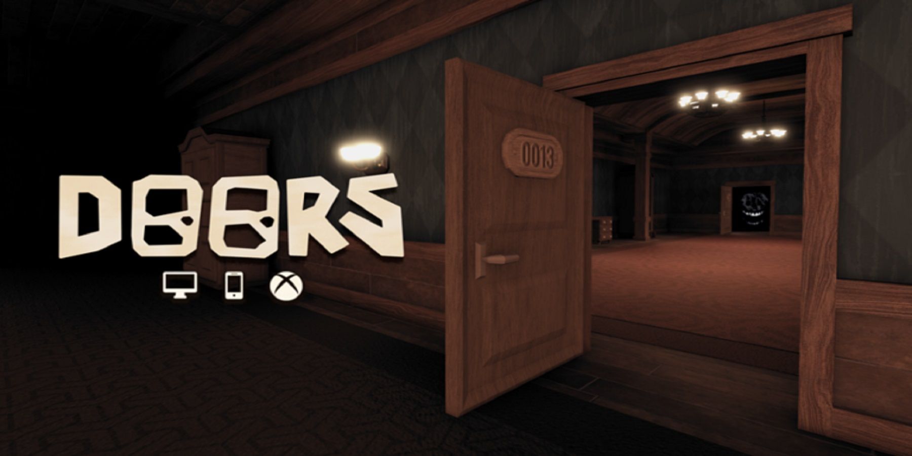 A dimly lit open door (right) numbered 13 and the title Doors (left), with icons for PC, Phone, and XBox underneath.