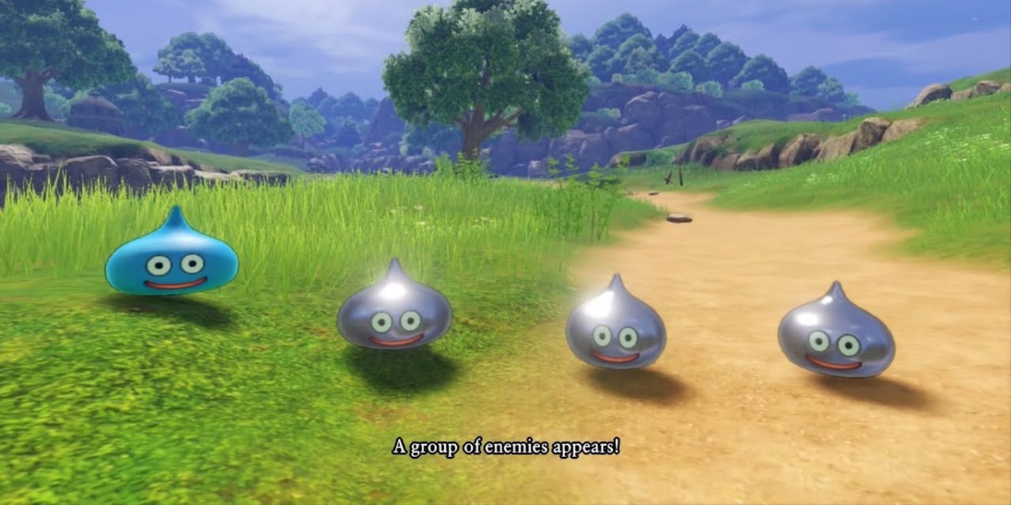 A group of Dragon Quest Slimes draws near