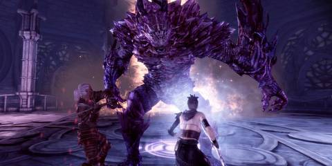 Dragon Age: Origins Sten and Morrigan fighting a Pride Demon
