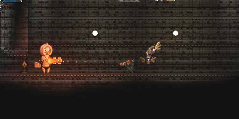 The Dragonhead Pistol firing its standard shot in Starbound