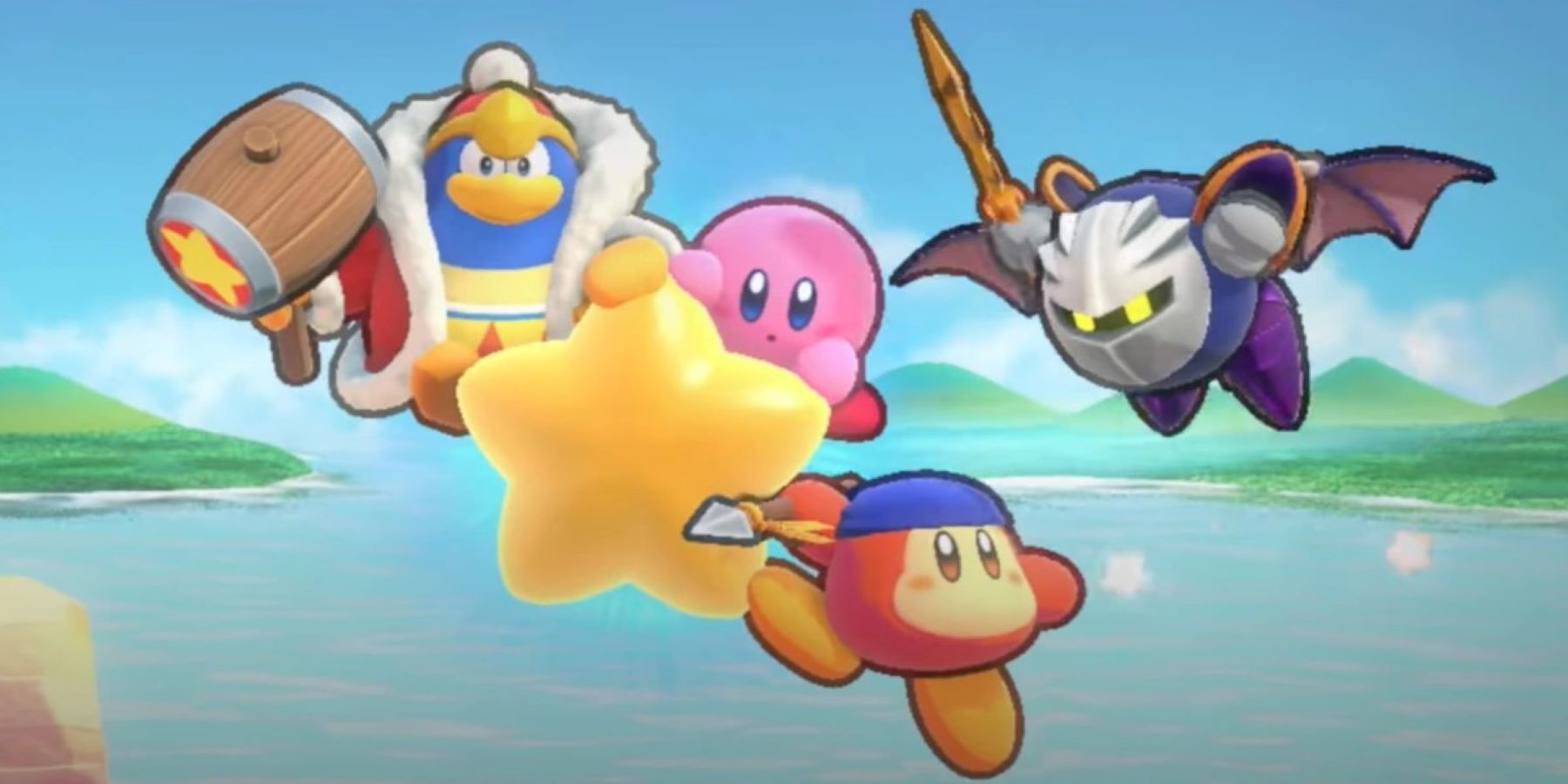 Kirby, King Dedede, Meta Knight, and Bandana Waddle Dee getting on a Warp Star in Kirby's Return to Dream Land Deluxe