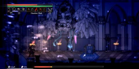 A player fighting a boss in the Dusken Set armor in Salt and Sacrifice