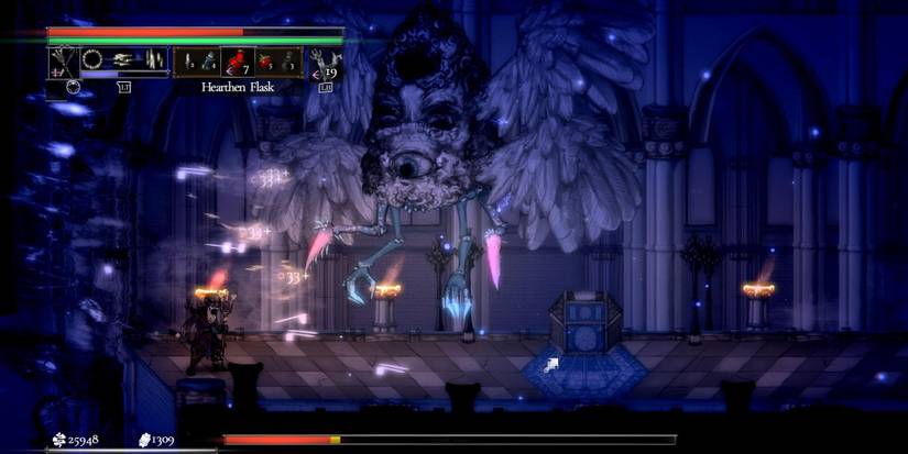 A player fighting a boss in the Dusken Set armor in Salt and Sacrifice