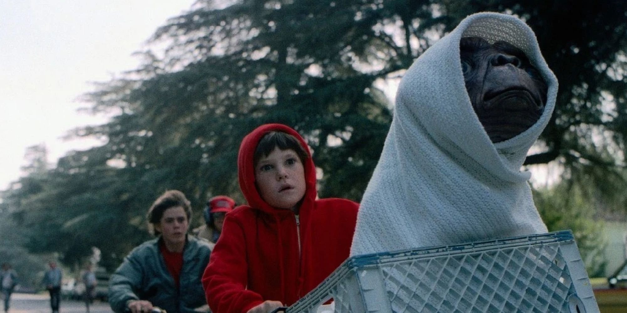 Elliott riding his bike with E.T. sitting in the basket