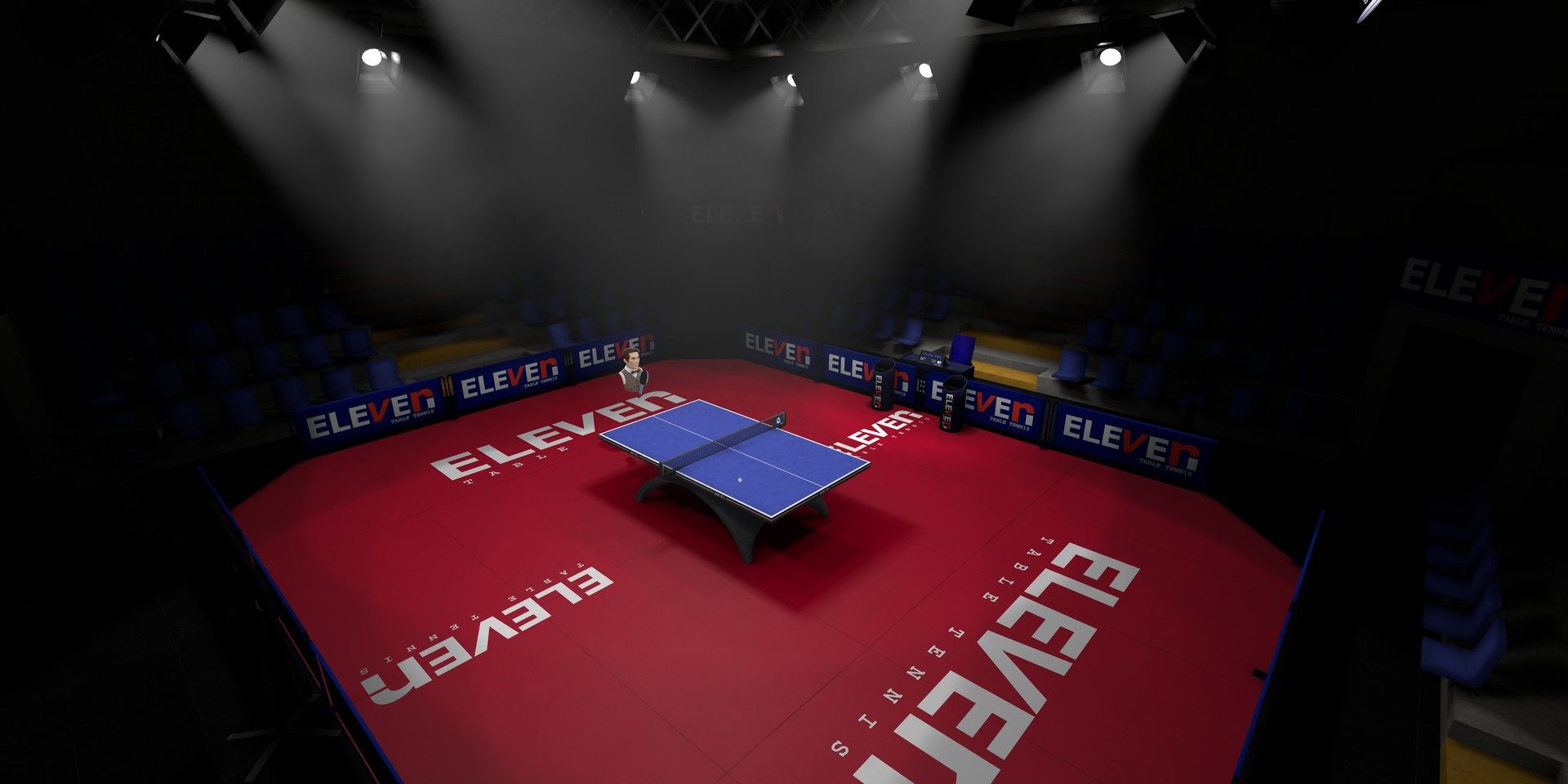 A table tennis setup in the middle of a stage with the words "Eleven" on four sides in Eleven Table Tennis