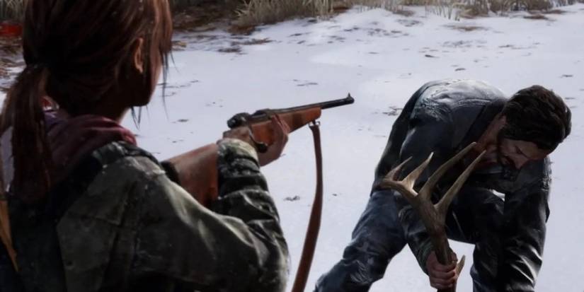 Ellie pointing a gun at David in The Last of Us