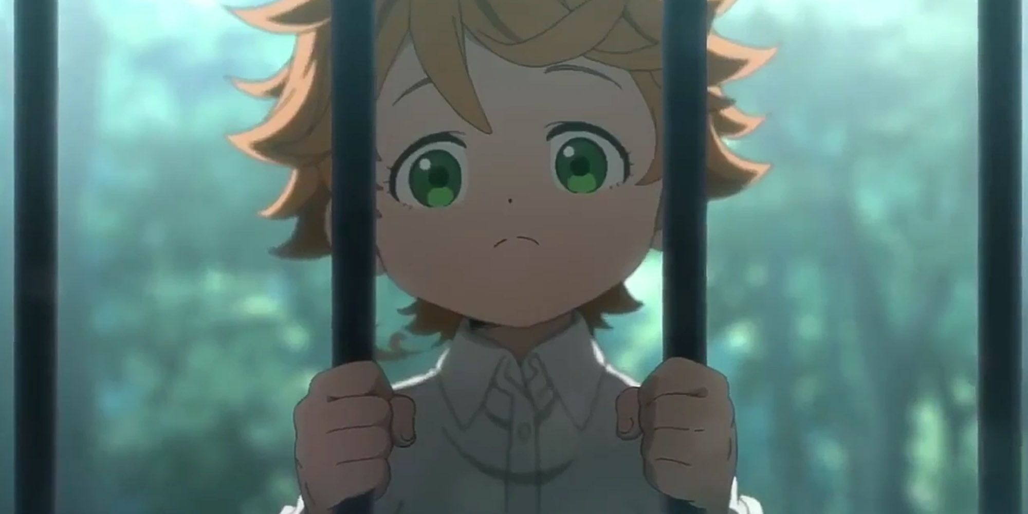 Emma From Promised Neverland Staring Through The Bars Leading To Outside Of Grace Field