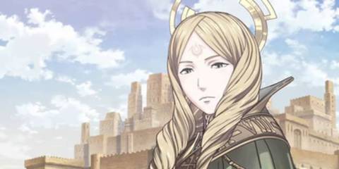 A young blonde woman with a crown and a tatoo on her forehead standing in front of a town