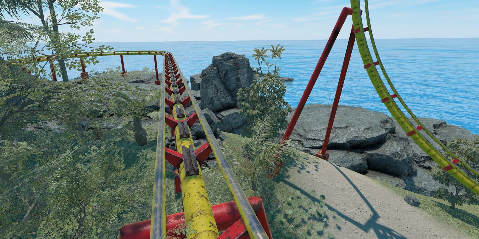 A player riding on a yellow and red roller coaster in Epic Roller Coasters