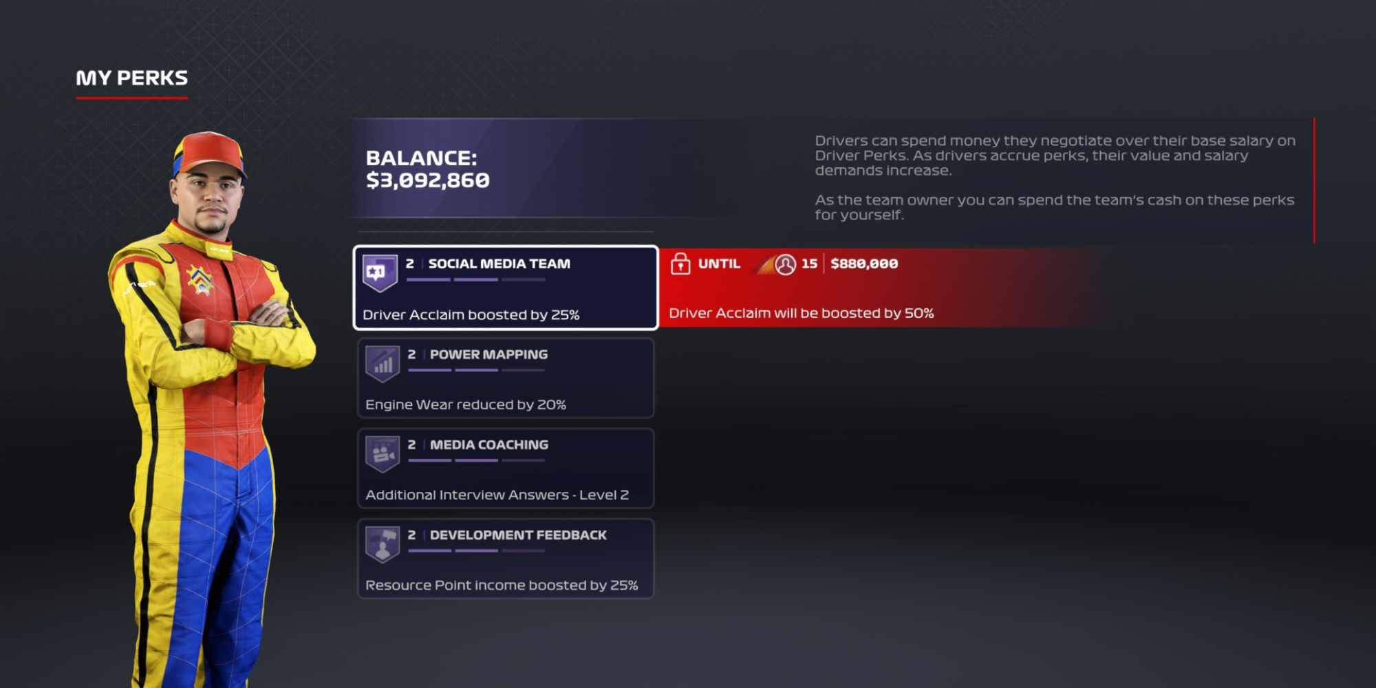 Driver Perk options in F1 22 MyTeam