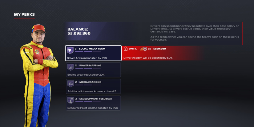 Driver Perk options in F1 22 MyTeam