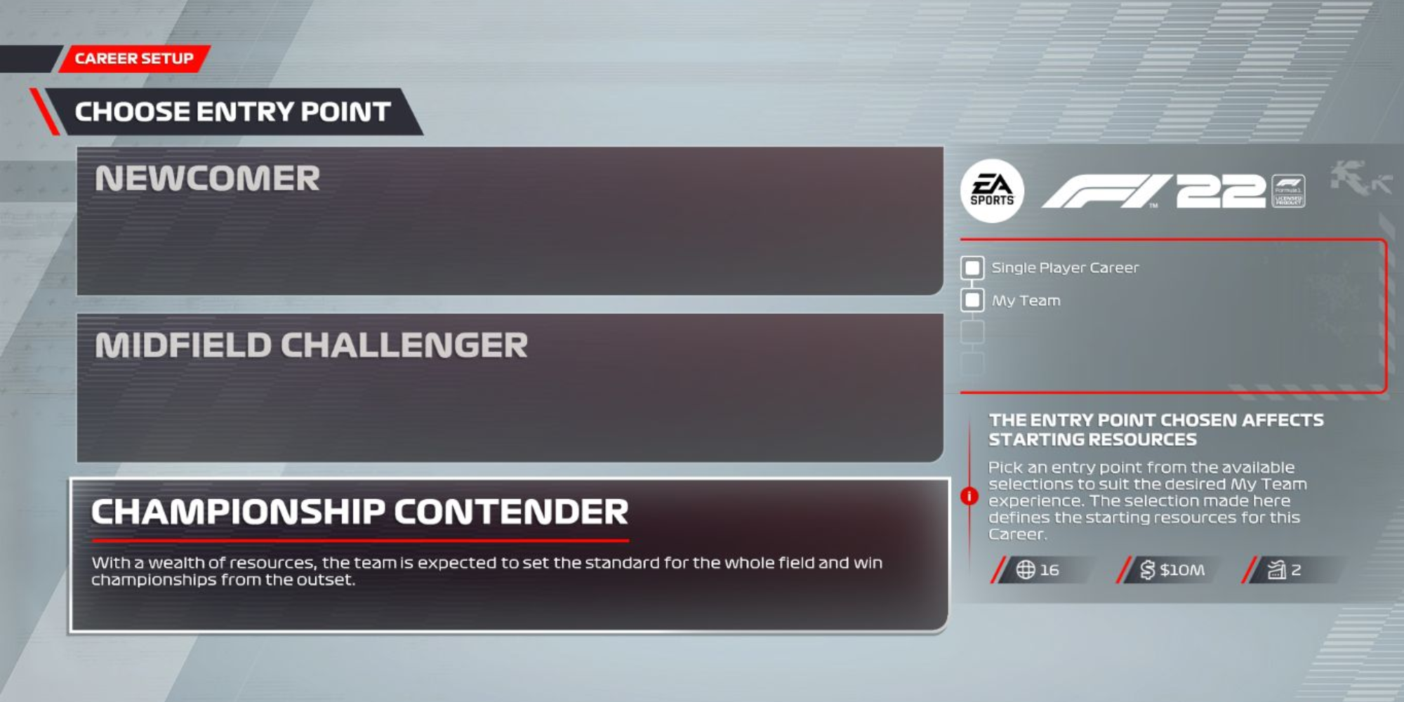 The 3 Entry Point options in F1 22 MyTeam