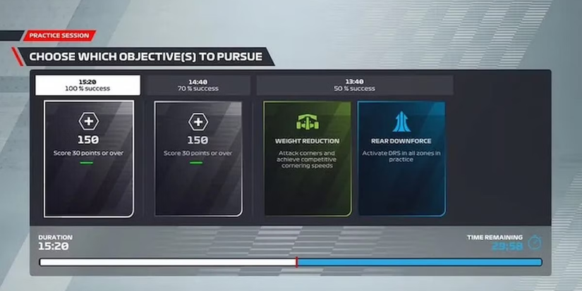 Quick Practice Program Options in F1 22