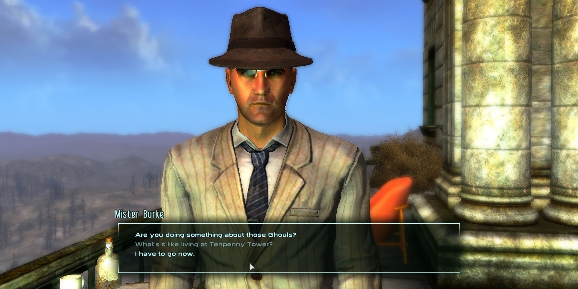 A screenshot of Mister Burke talking to the player in Fallout 3 
