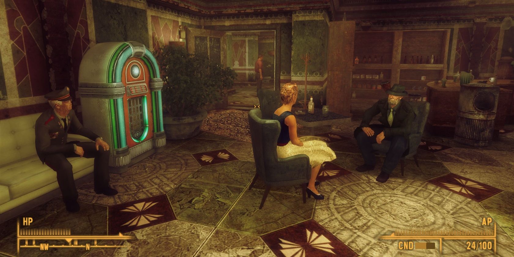 A screenshot of people sitting down in the Tenpenny Tower Reborn Mod in Fallout 3