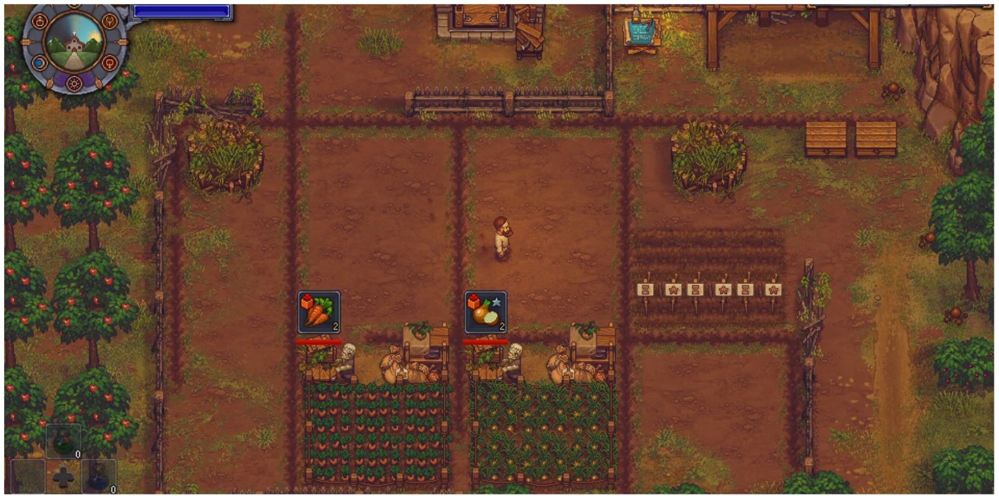 Graveyard Keeper farming area with zombies and compost