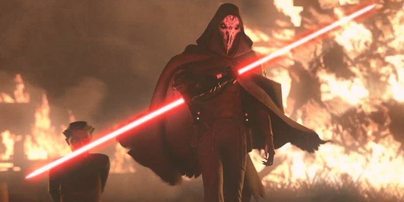 inquisitor with a dual red lightsaber