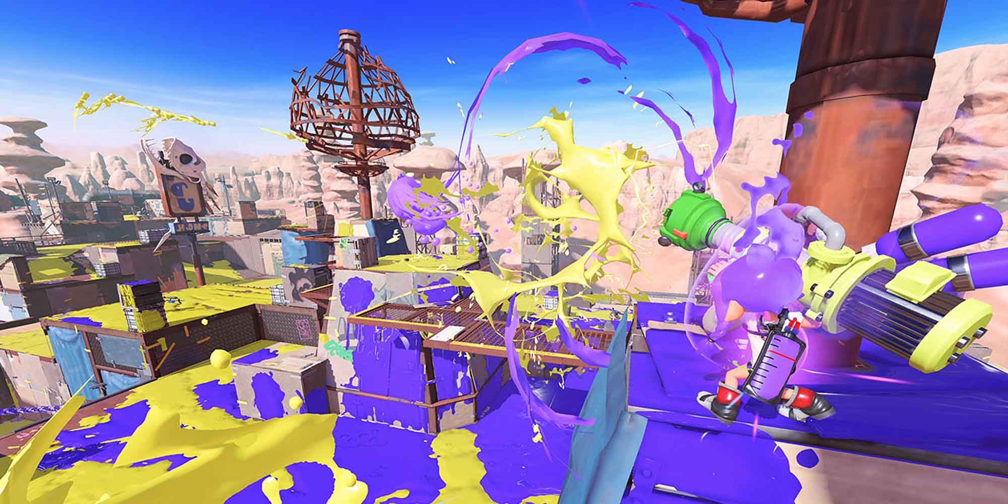 An aerial view of the battlefield in Splatoon 3