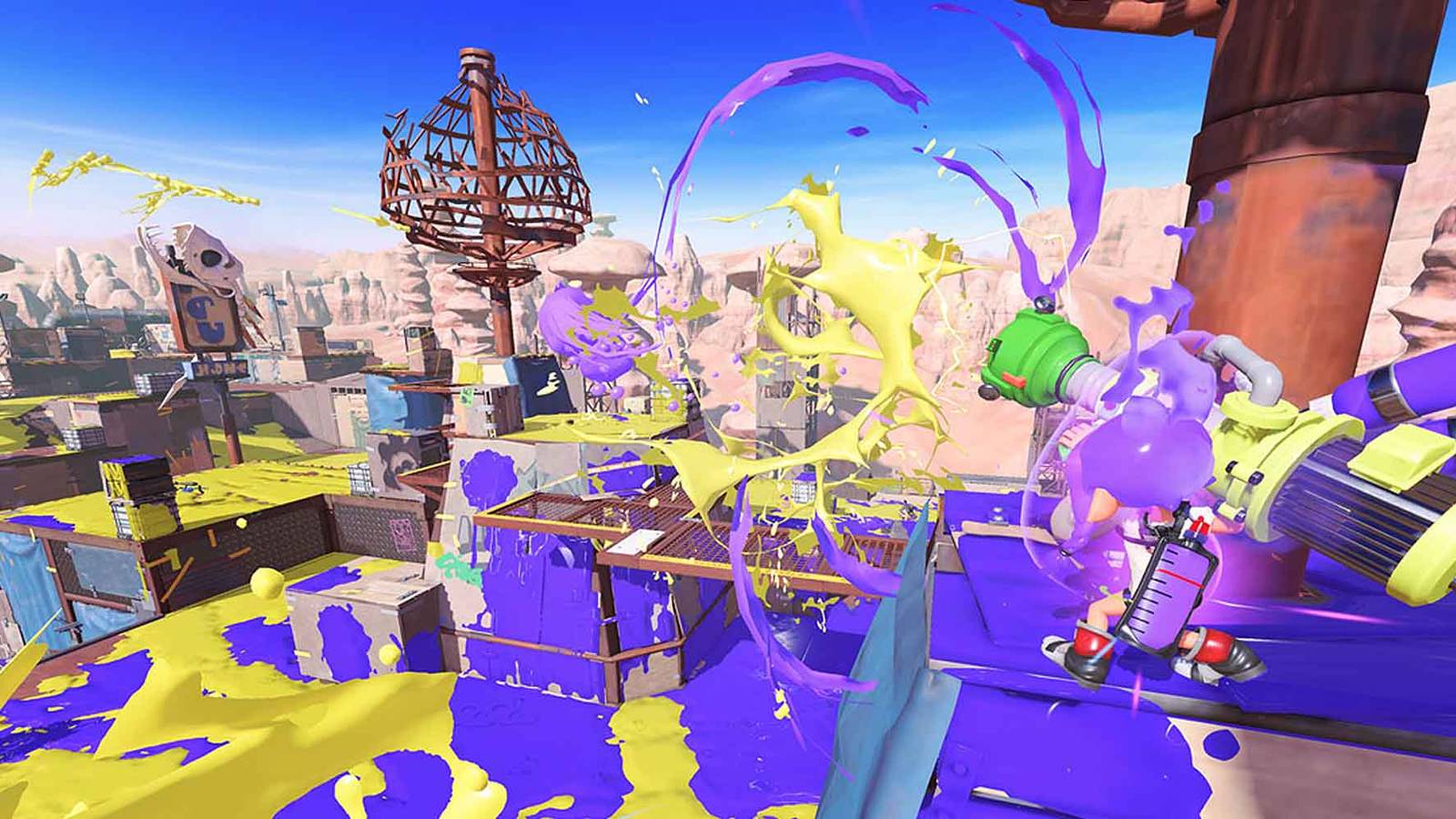 An aerial view of the battlefield in Splatoon 3