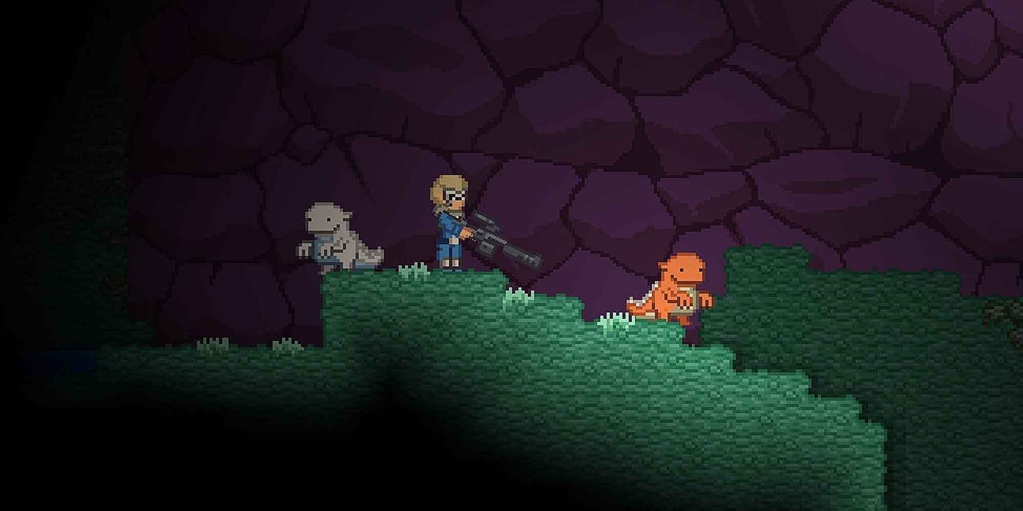 Exploring a dark cave with two pets in Starbound