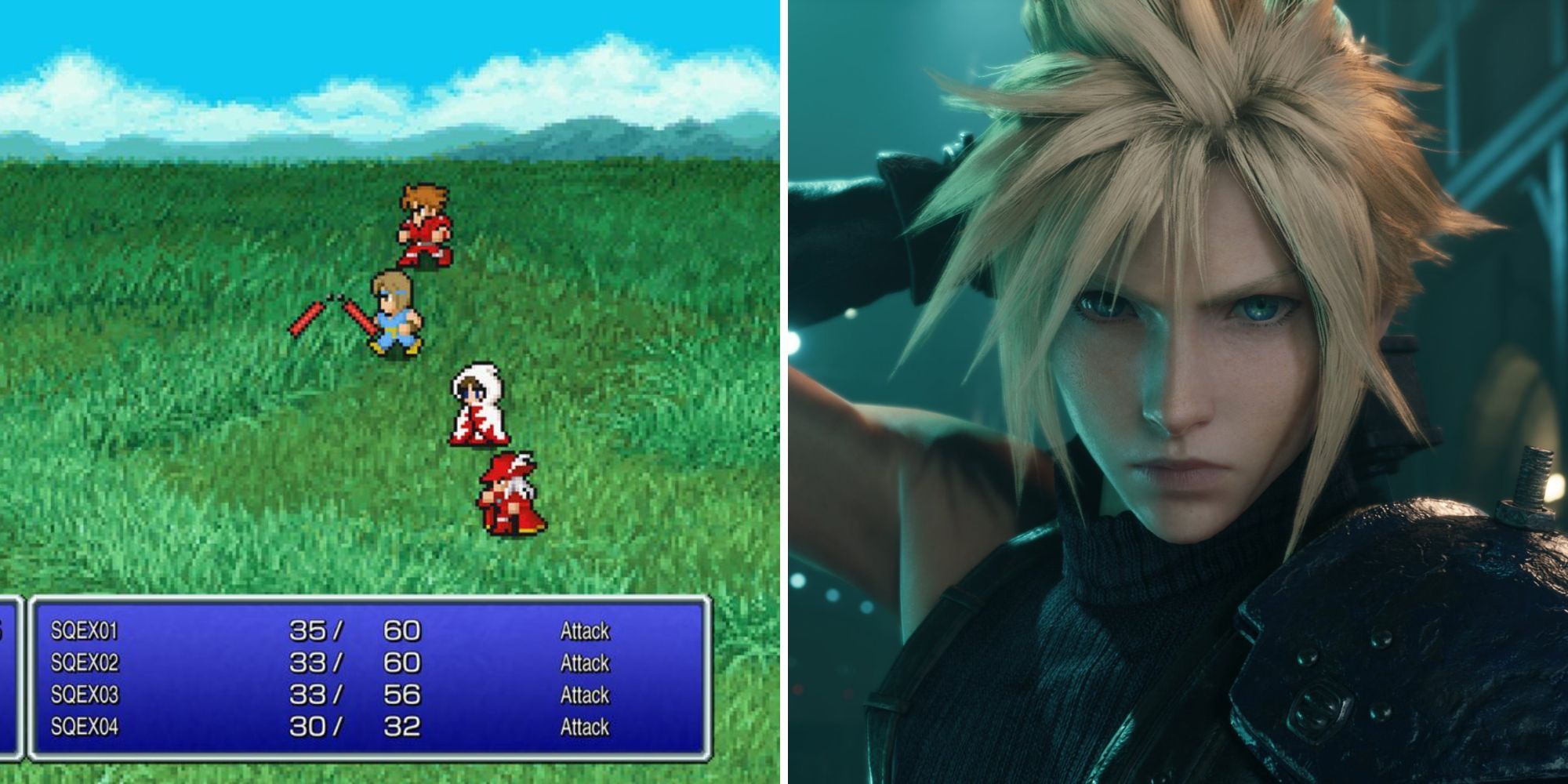 Combat in Final Fantasy and a close up of Cloud from the Final Fantasy 7 Remake