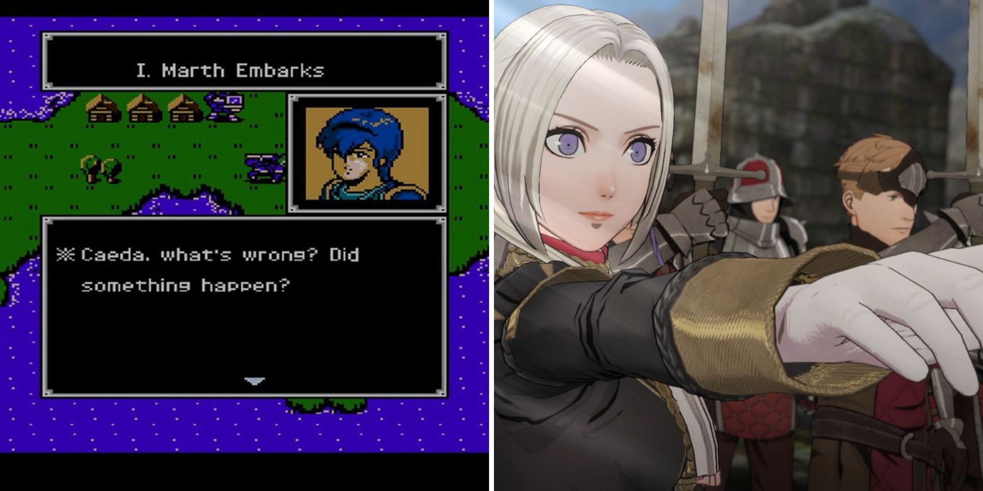 Gird showing the original Fire Emblem on the left and Fire Emblem Three Houses on the right