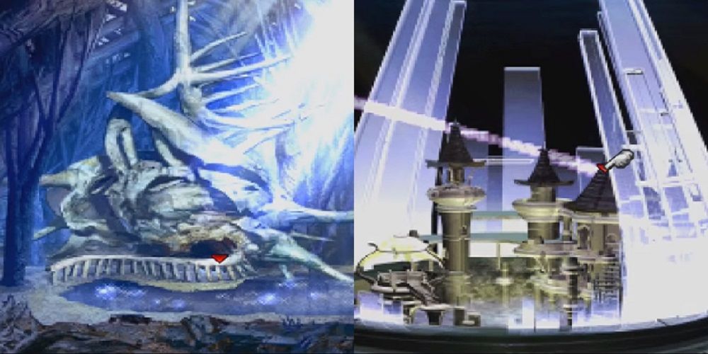 Split image of a conch-like building in the Forgotten City and the city itself in Final Fantasy 7