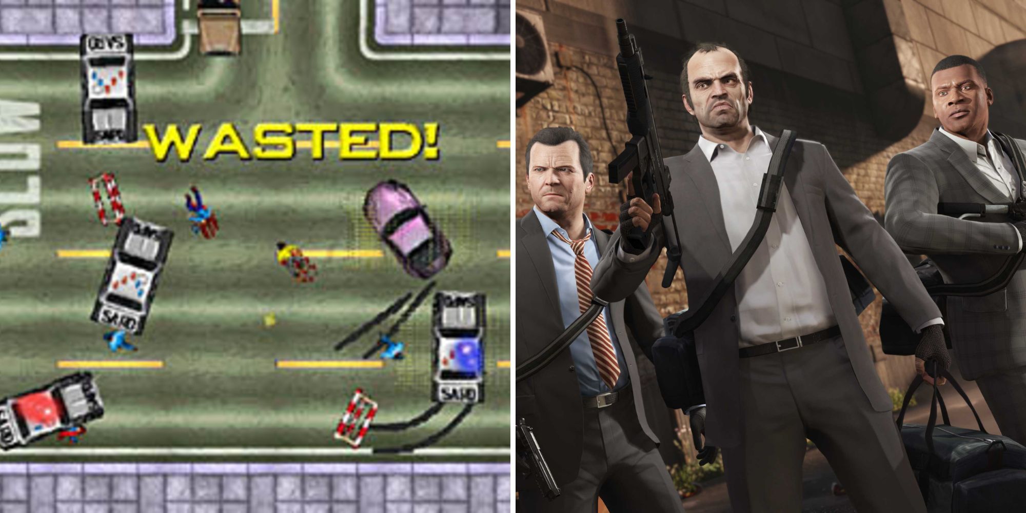 A grid showing the original Grand Theft Auto on the left and Trevor, Franklin and Michael from Grand Theft Auto 5 