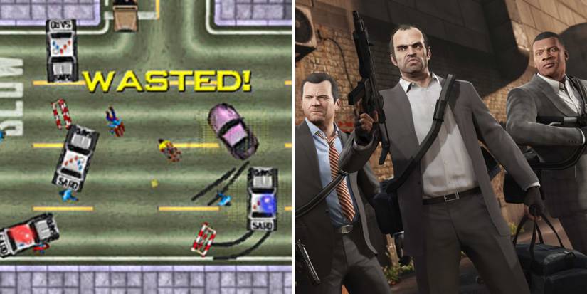 A grid showing the original Grand Theft Auto on the left and Trevor, Franklin and Michael from Grand Theft Auto 5 