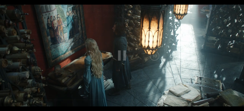 Galadriel and Elendil Hall Of Law standing before the Tapestry Rings of Power LOTR