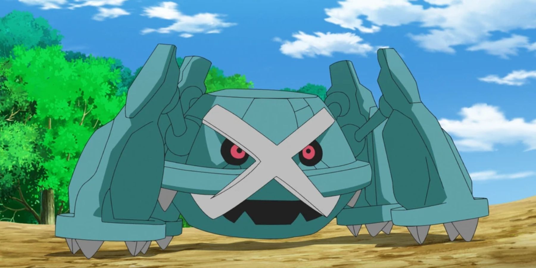 Metagross opens its mouth in an agressive manner, with a forested area behind it