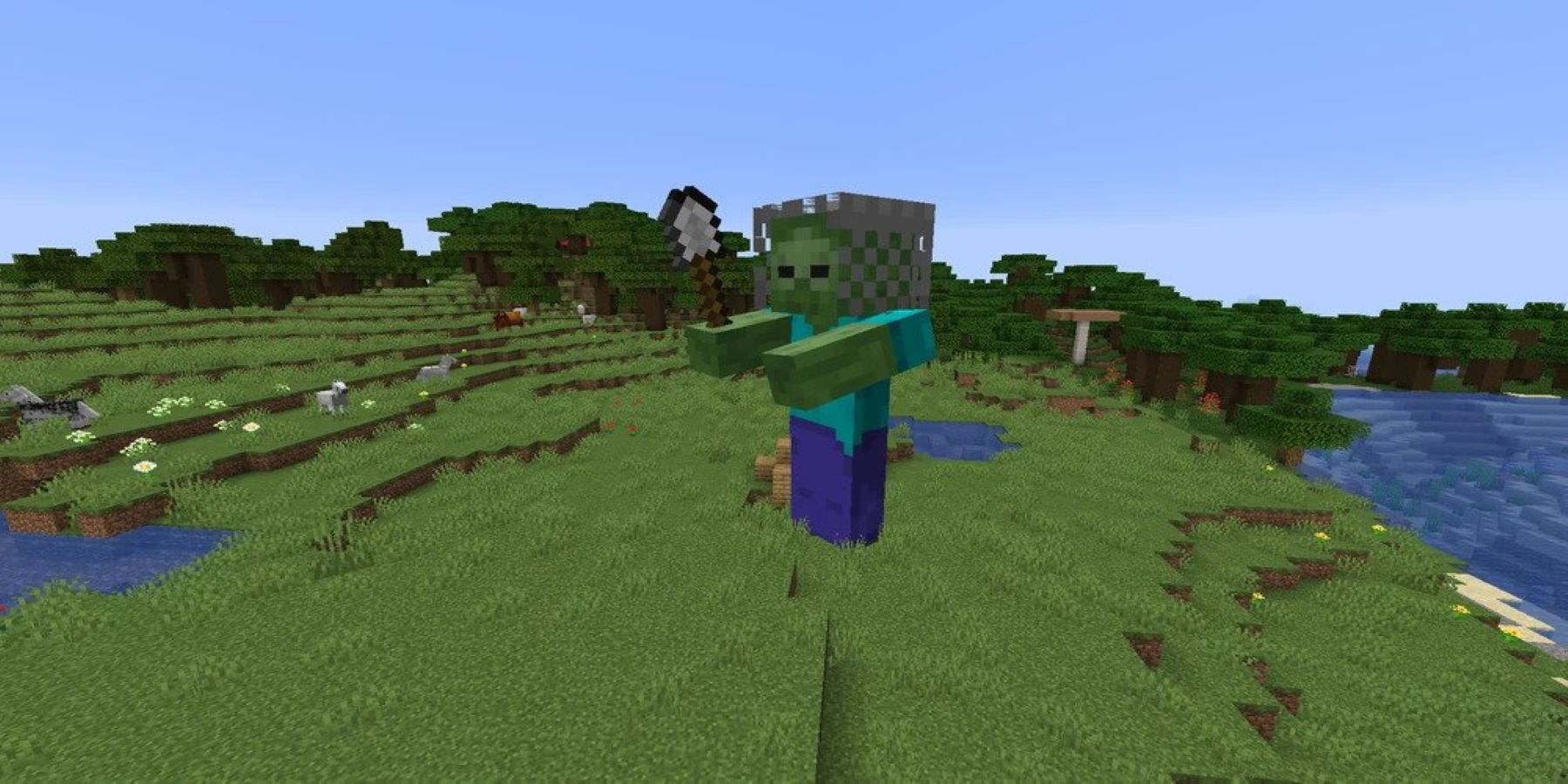 Minecraft giant wearing chainmail helmet and holding a shovel