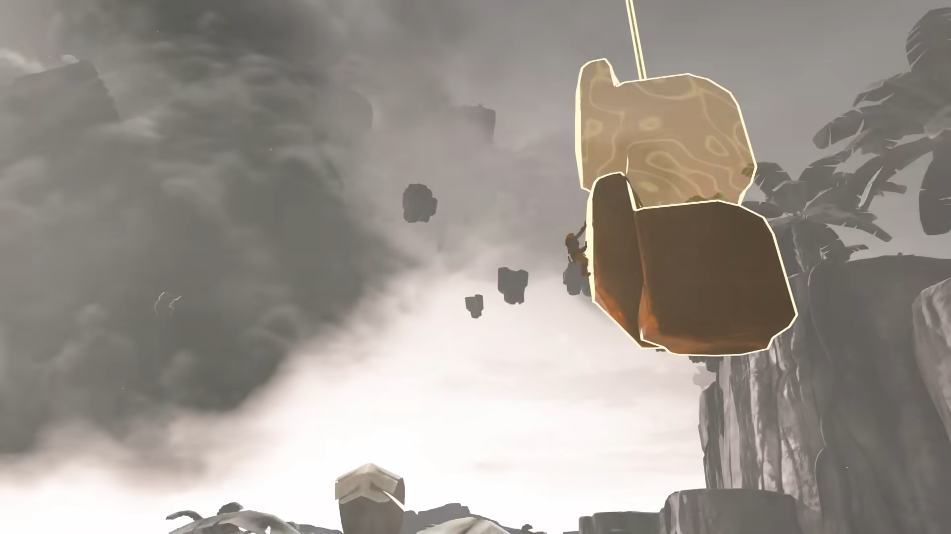 Link (right) riding a stone ascending to the clouds. Image source: Nintendo