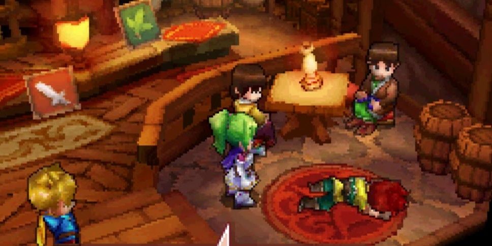 Four characters looking at a red-haired person on the floor in Golden Sun: Dark Dawn
