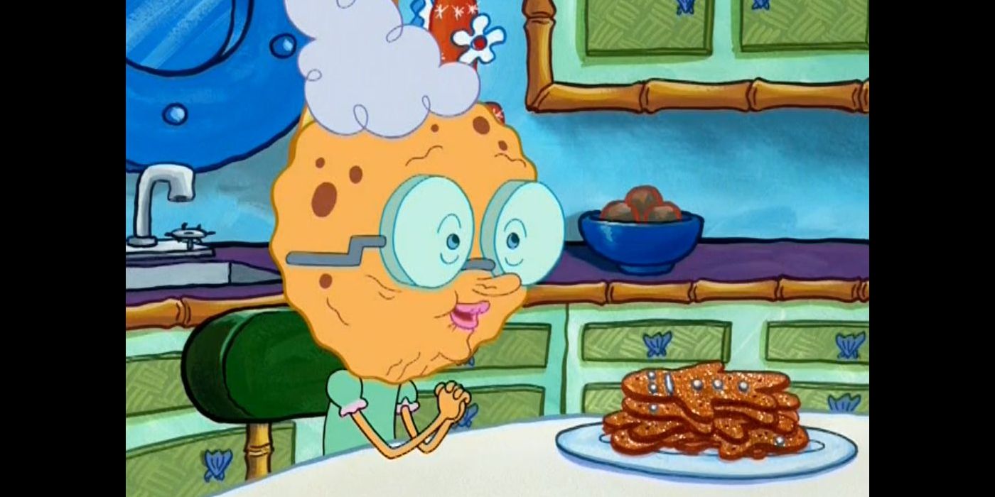 Grandma SquarePants (left) sitting at her kitchen table with a plate of gingerbread cookies on it. Image source: twitter.com