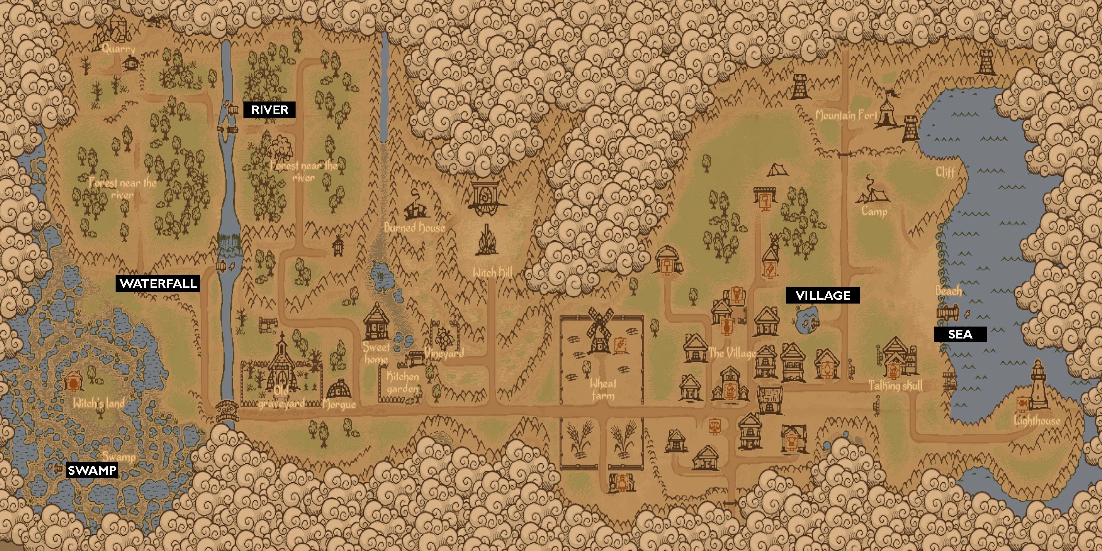 Graveyard Keeper full map with annotated fishing spots