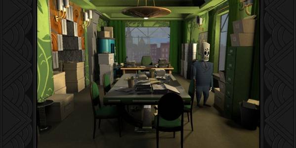 Manny standing in a meeting room in Grim Fandango