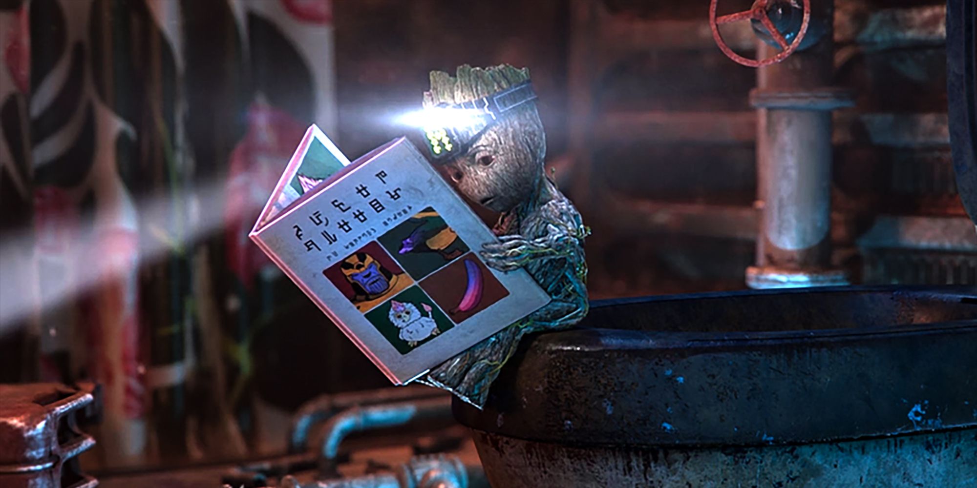 Groot Reading A Book Which Features Thanos