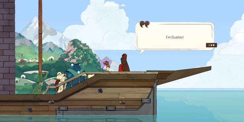 Gustav introducing himself to Stella on the boat in Spiritfarer