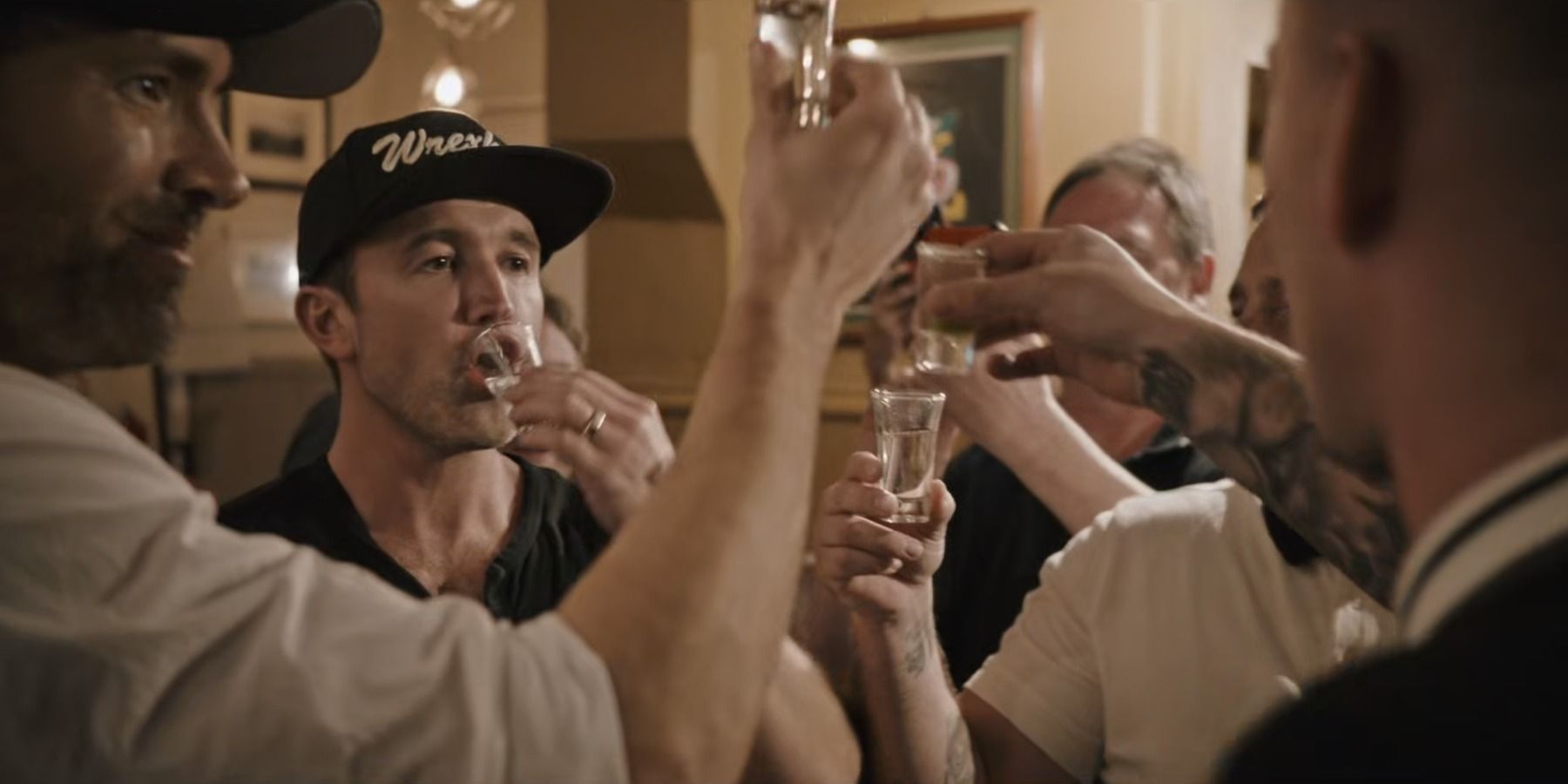 Ryan Reynolds and Rob McElhenney drinking shots Welcome to Wrexham