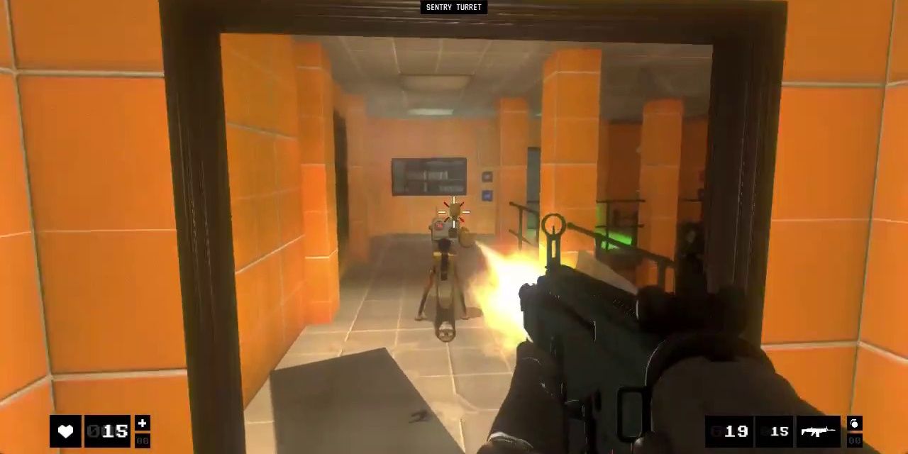 A player shooting a machine in a hallway in High Entropy: Challenge