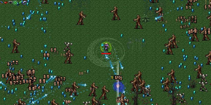 Using the Holy Wand and Gorgeous Moon weapons in the Mad Forest in Vampire Survivors